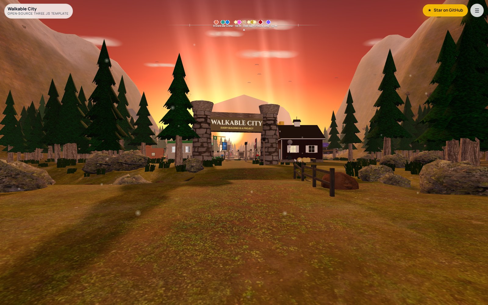 Walkable City: the south gate of a 3D town at sunset, pines on both sides, mountains behind