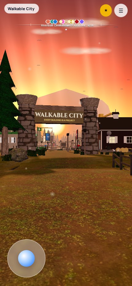 Walkable City on a phone: joystick bottom-left, compass at the top