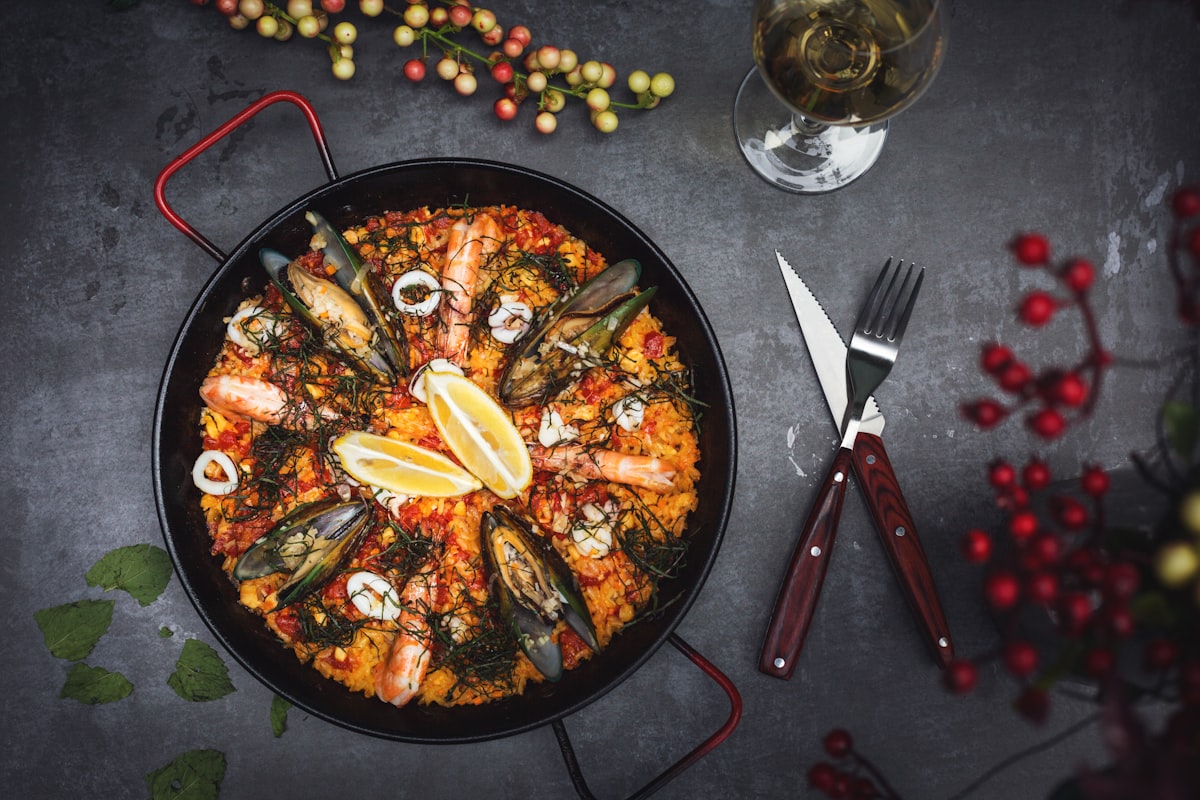 Seafood paella with mussels, shrimp, and squid