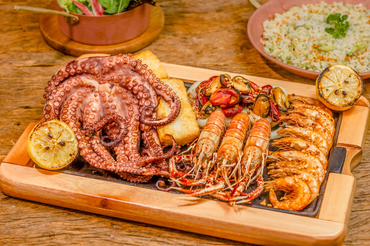 Grilled octopus and prawn platter with lemon