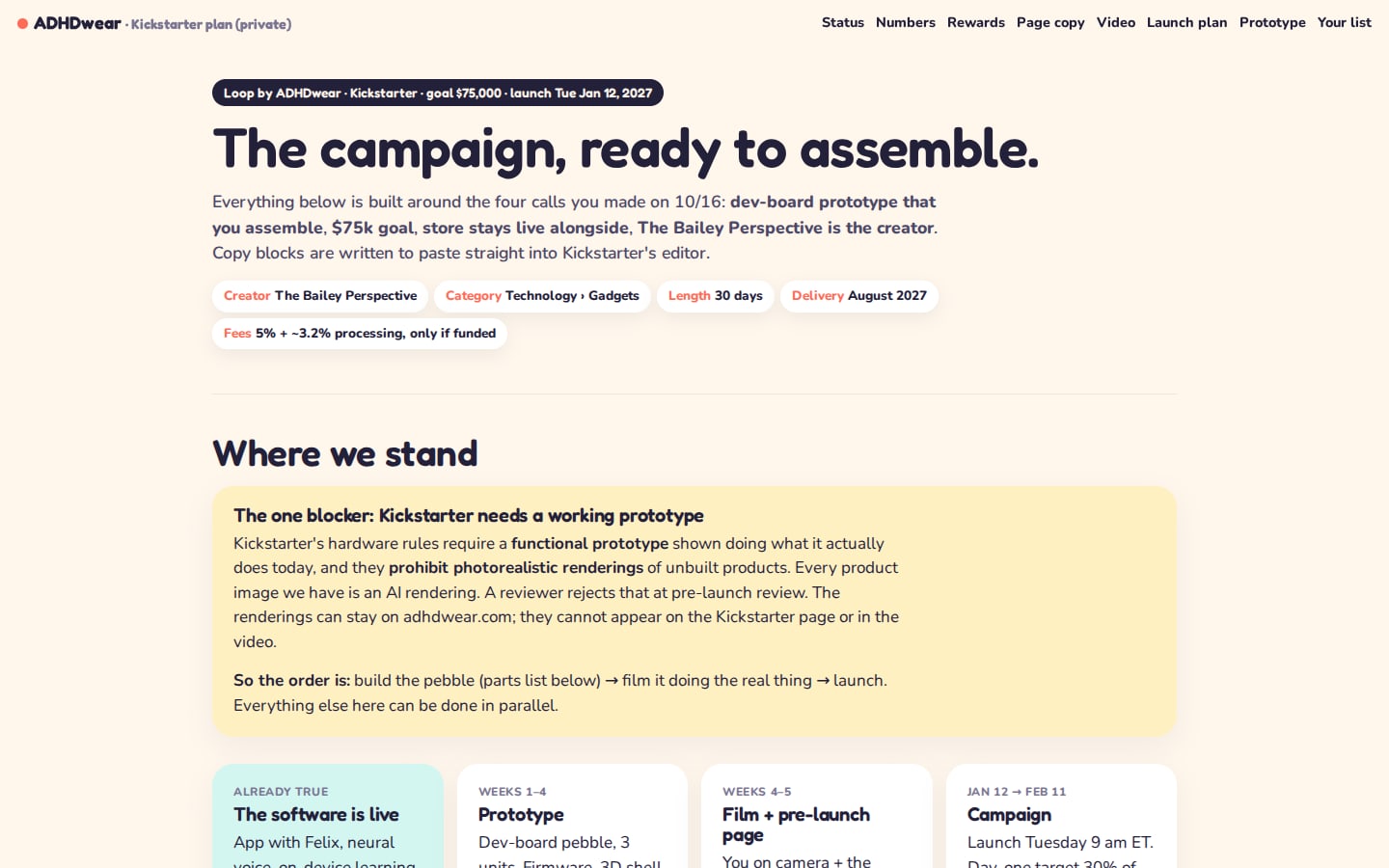 The Kickstarter plan page: goal, timeline and prototype kit