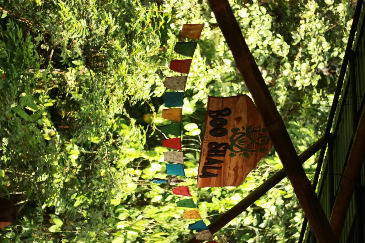 The carved Boo Shala sign and prayer flags in the jungle